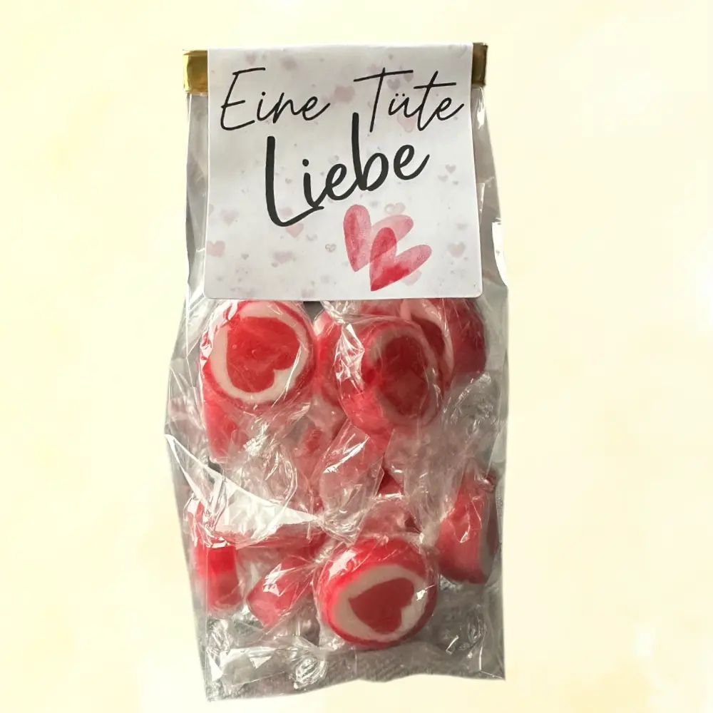 Herz-Bonbons mit Erdbeergeschmack in liebevoller Sprüche-Tüte.-zoom
