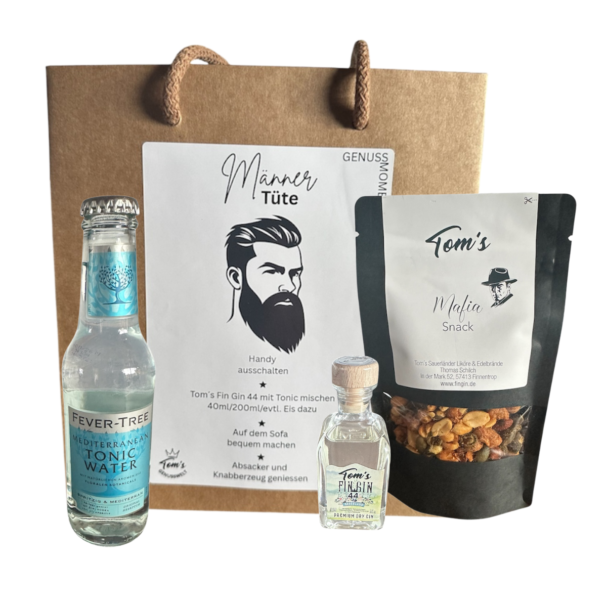 Männertüte Fin Gin 44 – Gin & Tonic Geschenkset mit Snacks
